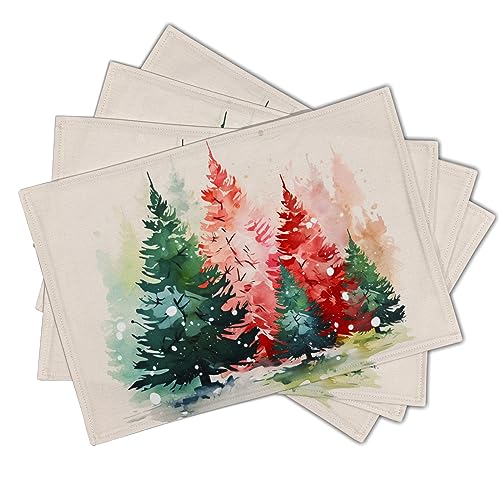 Christmas Tree Placemats Set of 4 for Dining Table, Colorful Xmas Pine Trees Snowflake Washable Non-Slip Heat Resistant Linen Fabric Place Mats 12x18 in Party Decor Winter Holiday - color: Xmas Tree