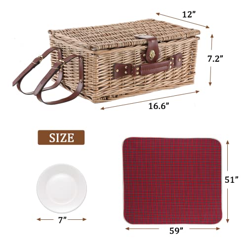 Wicker Picnic Basket for 4 with Waterproof Picnic Blanket and Insulated Cooler, Willow Hamper for Camping, Outdoors, Photoshoot, or a Birthday, Valentine’s Day, Wedding Gift - color: Red Grid