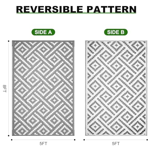 RURALITY Outdoor Rugs 5x8 Feet for Patios Clearance,Plastic Straw Waterproof Mats for Backyard,Porch,Deck,Balcony,Grey&White - color: Cross-grey&white, size: 5' x 8' (Rectangular)
