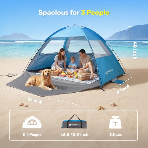 Venustas Beach Tent Sun Shelter for 3/4/6/8 Person, UPF 50+ UV Protection Beach Canopy, Lightweight and Easy Setup Cabana, Portable Shade Tent - color: Sky Blue, size: 3 Person
