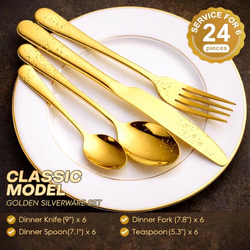 Chandler 24-Piece Gold Silverware Set for 6 with Wooden Storage Case, Stainless Steel 410 (18/0) Flatware Set, Mirror Polish Heavy Duty Cutlery Set – Knives, Forks, Spoons & Teaspoons, Dishwasher Safe