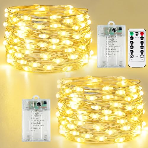 2 Pack Fairy Lights Battery Operated with Remote Control Timer, LED String Lights Outdoor Indoor, 8 Mode Twinkle Lights for Christmas Party Wedding Birthday Bedroom Décor (Warm White) - color: Warm White, size: 2 Pack 80-led
