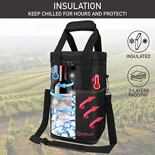 Opux 4 Bottle Insulated Wine Cooler Bag - Leakproof Padded Portable Wine Bottle Carrier for Travel Picnic BYOB Gift (Black) - color: Black, size: 4 Bottle