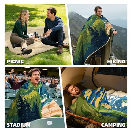 Outdoor Camping Blanket with Sherpa Lining, Extra Warm Thick Camp Blankets and Puffy Ultralight Soft Poncho DWR Camping Quilt for Cold Weather, Adventure, Sleeping, Backpacking 78"x 56" - color: Green Sierra Nevada, size: 78 x 56 inches