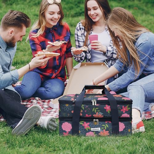 Double Decker Insulated Casserole Carrier, Expandable Thermal Food Warmer Bag Fits 9x13 Dish, Leak-Proof Potluck Lasagna Holder with Utensil Pocket for Picnic Party Cookout (Blue Floral) - color: Blue Floral