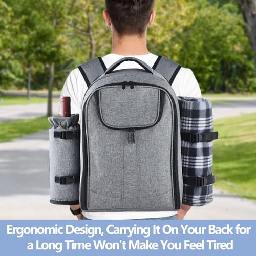 Picnic Backpack for with Cooler Compartment, Includes Fleece Blanket, Detachable Wine Holder & Cutlery Set, All-in-One Portable Insulated Family Picnic Bag Cooler Bag Outdoor Dining Backpack