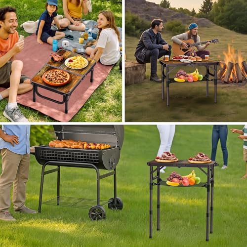 Anbte 2ft Camping Table Foldable with Storage Net, 3 Adjustable Heights 27.5" Aluminum Small Portable Table with Carrying Handle, for Outdoor Indoor Picnic Beach Party Travel, 24" X 16", Brown - color: Brown, size: 24"L x 16"W x 27.5H"