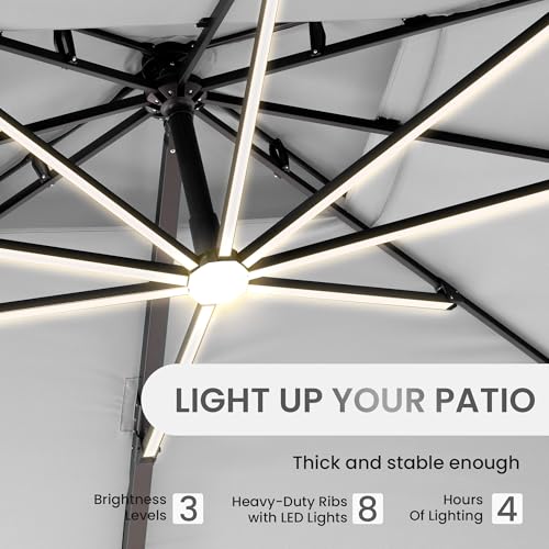 10 X 13 FT Cantilever Patio Umbrella with LED Lights Outdoor Heavy Duty Double Top Windproof Rectangle Offset Umbrellas with 360-degree Rotation for Pool Deck Backyard, Foggy Grey - color: Foggy Grey, size: 10' X13'-Weighted Base Not Included