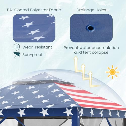 Goplus11 ft × 11 ft Pop up Gazebo, Portable Screen Canopy Shelter w/Mesh Netting Sidewalls, Vented Top, Drainage Holes, Heavy-Duty Height Adjustable Easy Setup Party Tent for Backyard - color: American Flag