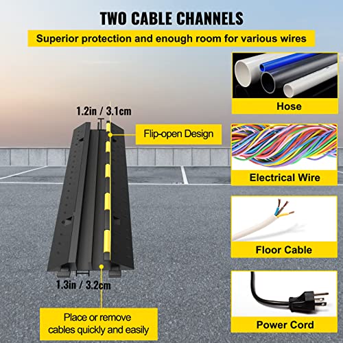 VEVOR 3 PCs Rubber Cable Protector Ramp, 2 Channel, 11000 lbs/axle Capacity Heavy Duty Hose Wire Cover Ramp Driveway, Traffic Speed Bump w/Flip-Open Top Cover, for Indoor&Outdoor