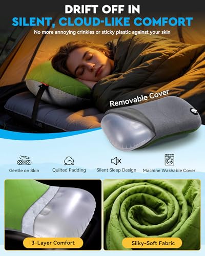 Hikenture Camping Pillow with Removable Cover - Ultralight Inflatable Pillow for Neck Lumbar Support - Upgrade Backpacking Pillow - Washable Travel Air Pillows for Camping, Hiking, Backpacking - color: Green