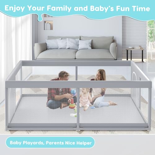 Fshibila 79" ×79" Extra Large Baby Playpen, Baby Playard for Babies and Toddlers, BabyFence Play Pens for Indoor & Outdoor, Sturdy Safety Play Yard with Soft Breathable Mesh, Anti-Fall, Grey - color: Grey, size: 79 x 79 IN
