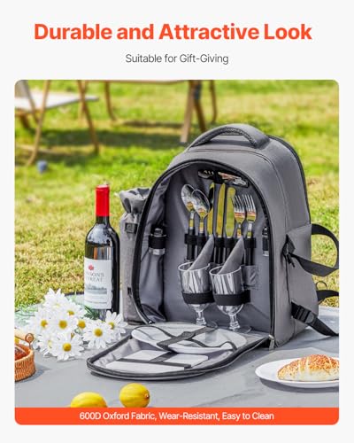 VEVOR Picnic Backpack, Beach Picnic Backpack Bag for 2 Person with Insulated Cooler Compartment, Detachable Bottle/Wine Holder, Lightweight Blanket, Plates and Cutlery Set for Hiking, Camping, Grey - size: single layer for 2 & gray