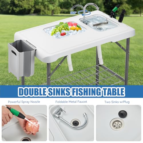 Folding Fish Cleaning Table Portable Camping Double Sinks Table w/2 Dual Water Basins, Faucet Drainage Hose & Sprayer Outdoor Fish Fillet Cleaning Station w/Knife, Storage Box,Black | Portable, Camping, 2 Dual Water Basins, Faucet, Drainage Hose, Sprayer