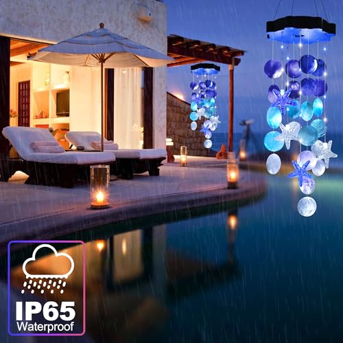 Solar Shell Gift for Mom Grandma Girls, White & Blue Christmas Solar Wind Chimes for Outside, Outdoor Decorative Mobile Lights for Garden, Yard, Patio, Window, Party, Outdoor Decorations - color: White & Blue