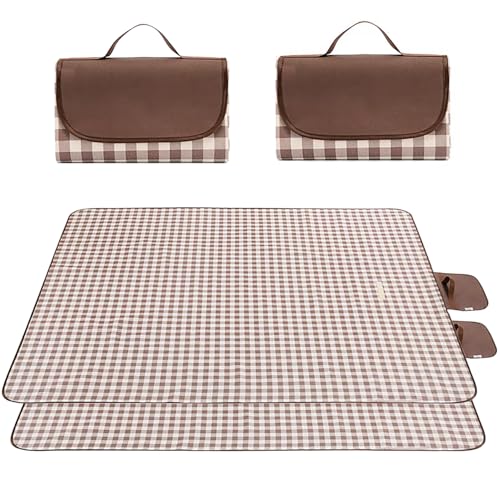 Wind Tour Waterproof Picnic Blanket with Carry Strap - Foldable Sandproof Outdoor Mat for Camping, Beach, Park - 59" x 71",Coffee Grid (Two Mat Set) - color: 59” X 71“,coffee Grid (Two Mat Set)