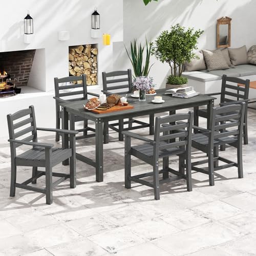 Tangkula 7 Pcs Outdoor Dining Table Set for 6, 67” HDPE Weather-Resistant Patio Rectangle Table & 6 Armchairs w/Curved Seat, Umbrella Hole, Wood Grain, Plastic Dining Furniture (Gray, 7 Pcs) - color: Grey, size: 7 Pcs