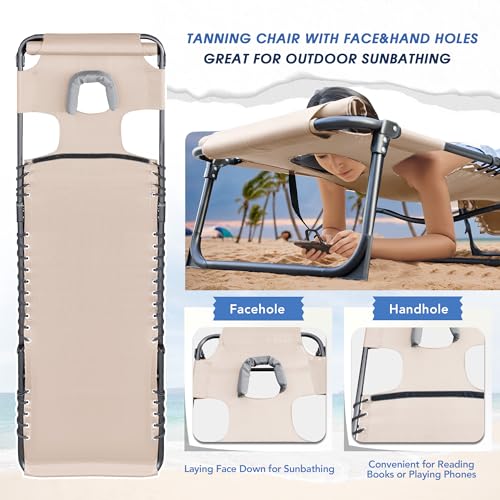 Flamaker Face Down Chaise Lounge Chair 5-Position Adjustable Sunbathing, Foldable Tanning Chair with Face& Arm Holes, Outdoor Recliner Chair for Pool, Beach, Patio, Lawn (Beige, 1 Pcs) - color: Beige, style: Sauna, 1 Pcs