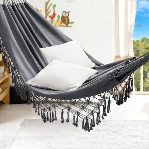 JoyView Boho Macrame Double Hammock with Hanging Ropes & Elegant Tassels 86.6x59 Portable Cotton Hammock for Patio Backyard Porch 450LBS Weight Capacity Perfect for Outdoor/Indoor - Dark Grey - color: Dark Grey
