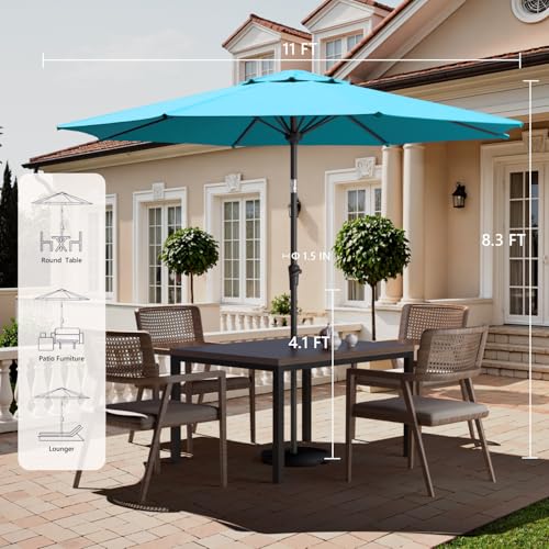 Outdoor Patio Umbrella with One Push Button Tilt and Crank, 8 Sturdy Ribs Market Table Umbrella - color: Turquoise-Steel Ribs, size: 11FT