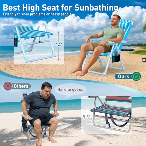 Suteck Backpack Beach Chair, 6-Positions Beach Chairs for Adults with Cooler Bag, Reclining Beach Chair with Cup Holder Folding Camping Chair for Sand Outdoor - color: Light Sky