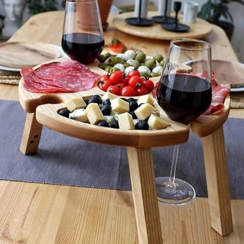 Portable Wooden Picnic Table with Wine Glass Holder - Foldable 2-in-1 Outdoor Snack Tray for Cheese & Fruit, Collapsible Camping Table with Integrated Glass Rack - color: A