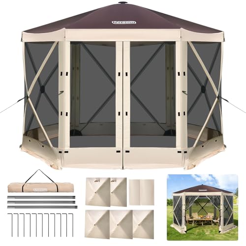Tecoom 6 Side Pop Up Gazebo Tent, 10x10ft Waterproof Instant Screen with Mosquito Netting, Portable Outdoor Canopy with 4 Removable Wind Cloths, Sun Shelter for Camping, Garden and Picnics, Khaki - size: 10x10ft