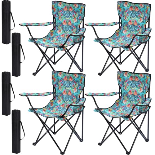 4 Pcs Folding Camping Chairs with Tropical Pattern Portable Outdoor Chairs with Armrests & Carry Bags, Travel Lightweight Installation-Free Chair for Camping, Picnic & Beach(Fresh Bloom) - style: Fresh Bloom