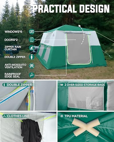 CORANI 14.1'x6.5'x9' Inflatable Tents for Camping, Portable 6/8/10 Person Blow Up Air Tent, Waterproof Windproof Easy Setup Large Family Tent with 2 Doors, 6 Windows, Mosquito Screen - color: Nomad Green, size: 8 person 10.8x9ft