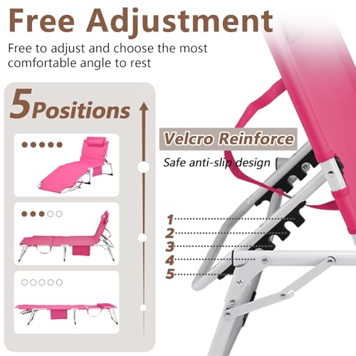 3-in-1 Heavy Duty Tanning Chair with Face Hole Adjustable 5-Position Folding Chaise Lounge Chairs Portable Lay Flat Beach Lounge Chair for Outdoor Sunbathing Patio Pool Lawn Camping Deck (Pink) - color: Pink