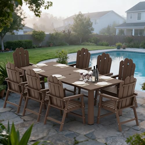 9-Piece Patio Dining Set, Outdoor Dining Set for 8, Large HDPE All-Weather Outdoor Furniture with 89.57” Umbrella Hole Table, 8 Armchairs, Brown - color: Brown, size: 8 Armchairs