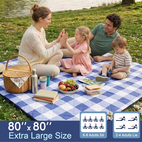 2 in 1 Tote Picnic Blanket Waterproof Outdoor Camping Mat,Large Capacity Beach Blanket 80''x80'' 7 Layers Easy to Foldable and Carry. - color: Bluecheck