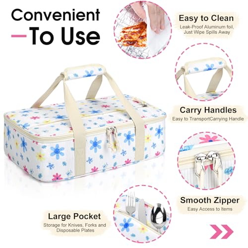 Corduroy Casserole Carrier, Insulated Lasagna Lugger for Hot/Cold Food, Fits 9" x 13" Baking Dish, Thermal Lunch Tote for Potluck & Picnic - Corduroy Colored Flowers - color: Corduroy Colored Flowers, size: 16x10x4 in