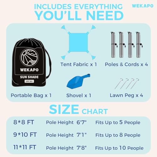 WEKAPO Beach Tent Sun Shelter - Easy Setup Beach Canopy with 4 Sturdy Poles, Large Sandbags and Shovel, 6'7'' Tall, Windproof Sun Shade for Backyard and Camping, UPF 50+ Protection - color: Blue, size: 8x8 FT 4 Pole