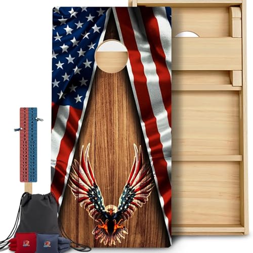 CornholeGamesUSA Pro Cornhole Boards Set | Made in USA | 3/4 Baltic Birch | No Bounce | Triple Thick Legs | Two Brace & Handles, Tournament 2x4 Regulation Set with Score Tower & Cornhole Bags - color: Eagle Wood
