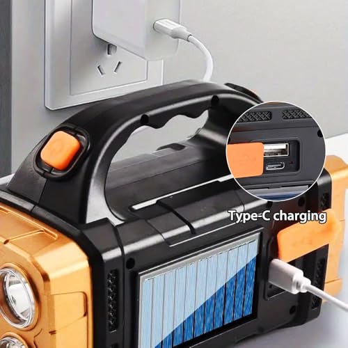 IFTHFOUR High Lumens Solar Flashlight - LED Work Light with USB-C Rechargeable, Waterproof, Multi-Function Flashlight & Lantern for Camping, Emergencies, and Outdoor - color: Golden