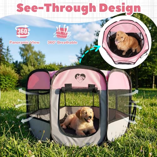 Puppy Playpen Indoor for Small Dogs & Cats,Foldable Portable Dog Playpen with Mesh,Pop Up Pet Playpen with Zipper Door,Waterproof Pet Pen for Indoor Outdoor Travel with Carrying Case,Pink S - size: S