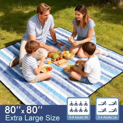 2 in 1 Tote Picnic Blanket Waterproof Outdoor Camping Mat,Large Capacity Beach Blanket 80''x80'' 7 Layers Easy to Foldable and Carry. - color: Blue