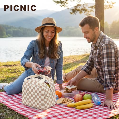 LEDAOU Lunch Box for Women Insulated Lunch Bag Corduroy Lunch Tote Bags Leakproof Cooler Lunch Case for Travel Work Picnic (rown Checkered Bow) - color: Brown Checkered Bow