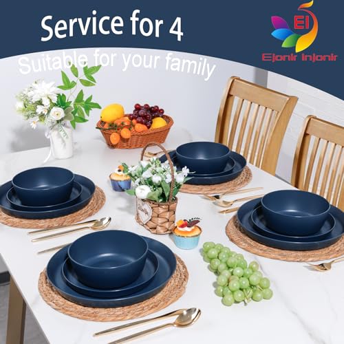 EI 12pcs Dark Blue Wheat Straw Dinnerware Set,Wheat Straw Plates,Plastic Plates Reusable,Plate and Bowls Sets,Unbreakable Plastic Plate for Dinner, Camping,Picnic - color: Dark Blue Wheat Straw Plates and Bowls
