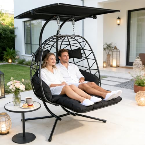 Double Egg Chair Outdoor with Stand & Canopy,Hanging Loveseat Hammock Swing Chair with Leg Rests & UV Resistant Cushion,Patio Swinging Chair,600LBS Capacity for Bedroom Balcony Garden - color: Double Chair & Footrest & Canopy, size: Black Frame&black Cush
