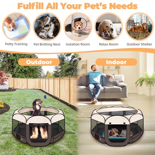 Dog Playpen 45", HOMAGICO Pet Playpen for Indoor Cats Enclosed, Portable Dog Cage Outdoor Tent Crate with Carrying Case, Water-Resistant and Removable Shade Cover,Brown - color: Brown