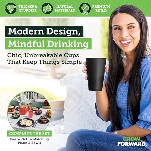 Grow Forward Premium Wheat Straw Cups - 20 oz Unbreakable BPA Free Hard Plastic Cups - Reusable Lightweight Plastic Drinking Glasses for Kitchen, Outdoor, Water, Camping, RV - Midnight - color: Midnight Black, size: 20oz