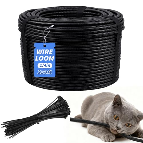 250FT Split Wire Loom Tubing, 1/4 Inch Wire Protector Tubing, Automotive Wire Flexible Conduit Cord Covers with 20 Cable Ties for Automotive Marine RV Agriculture Electrical Cable Protection - color: Black, size: 1/4in x 250ft