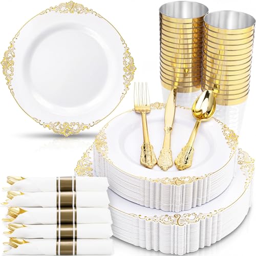 Nervure 350PCS Gold Plastic Plates - Gold Plastic Dinnerware Sets for 50 Guests - 100 Disposable Plates, 150 Silverware, 50 Cups, 50 Napkins for Wedding & Party & Mothers Day - color: Gold