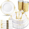 Nervure 350PCS Gold Plastic Plates - Gold Plastic Dinnerware Sets for 50 Guests - 100 Disposable Plates, 150 Silverware, 50 Cups, 50 Napkins for Wedding & Party & Mothers Day - color: Gold