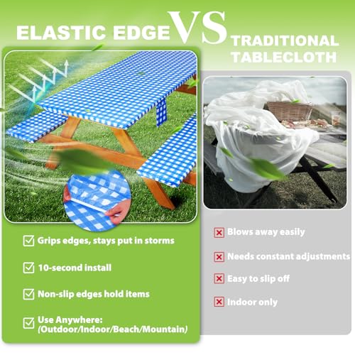 Fitted Picnic Table Cover with Bench Covers Waterproof Elastic Edges Rectangle Patio Tablecloth Outdoor Camping Essentials Stuff Rv Accessories Summer Trip Travel Supplies Party Camper Gifts, 8 ft - color: Blue Grid, size: 96in