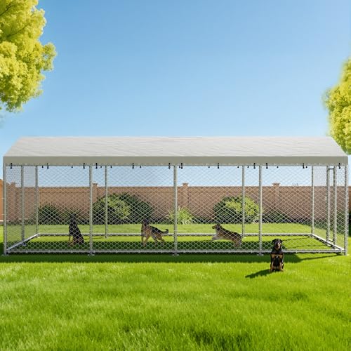 20x10 FT Extra Large & Heavy Duty Dog Kennel Run - Outdoor Metal Enclosure with Lockable Door and Waterproof Cover for Big Dogs - size: 240x120in