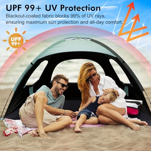 WhiteFang Beach Tent Anti-UV Portable Sun Shade Shelter for 3/4/6/8 Person, Extendable Floor with 3 Ventilating Mesh Windows Plus Carrying Bag, Stakes and Guy Lines - color: Blackout Shelter-Mint Green, size: 3 Person