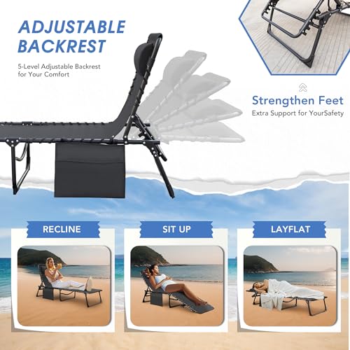 Flamaker Foldable Chaise Lounge Chair 5-Position Adjustable, Tanning Chair with Side Pocket, Outdoor Sunbathing for Pool, Beach, Patio, Lawn, Indoor Recliner Chair for Napping(Grey, 1 Pcs) - color: Grey, style: Normal, 1 Pcs